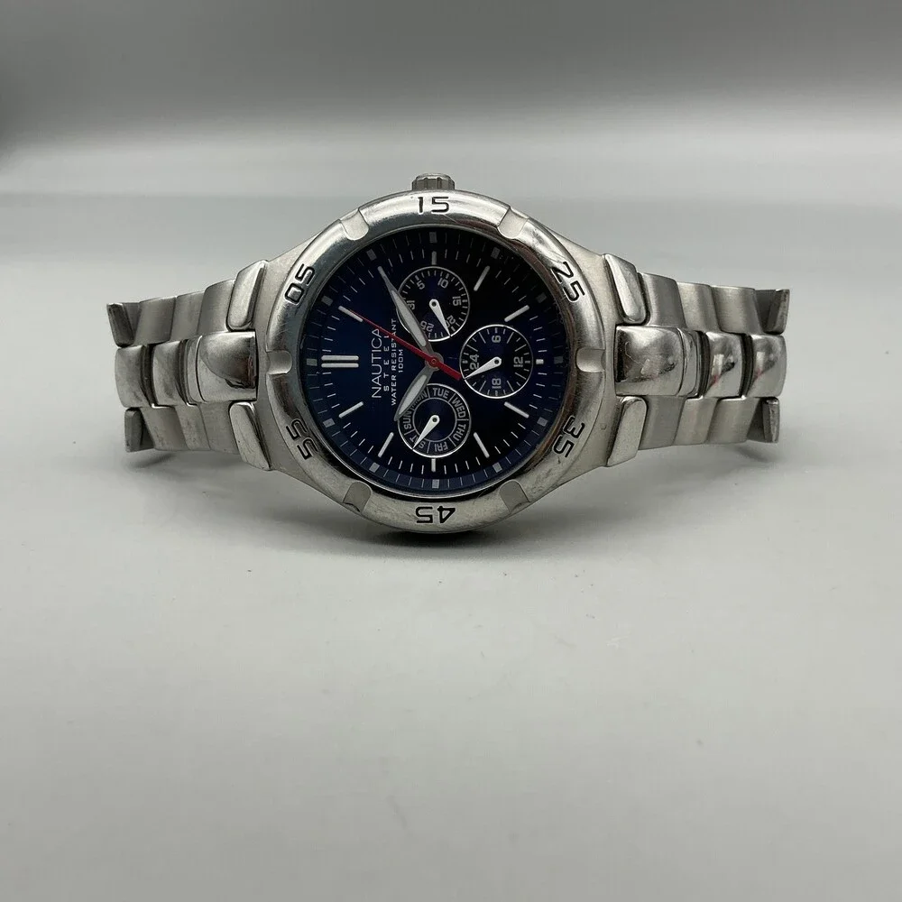 Nautica Steel Mens Watch 39mm Silver Tone Blue Dial Day Date New Battery 7